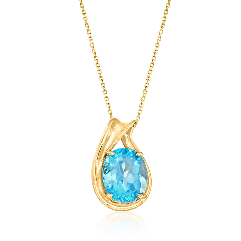 14kt yellow gold pendant necklace with oval blue topaz in teardrop bezel