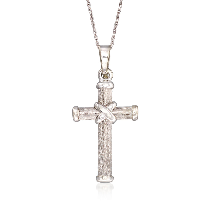 14kt white gold cross pendant necklace with textured cross and small bail on chain