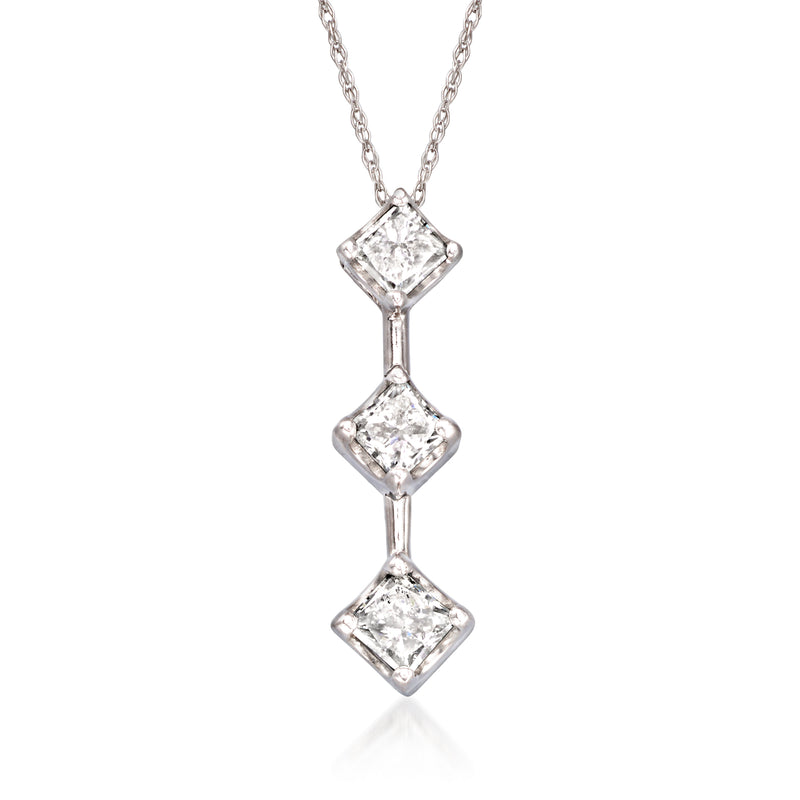 Vintage diamond pendant necklace in 14kt white gold with three square diamonds