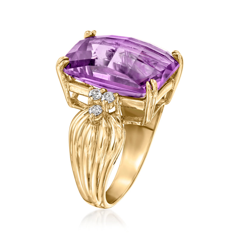 14kt yellow gold amethyst ring with diamond accents, angled view of purple gemstone