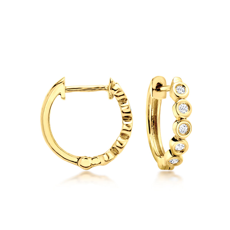 18kt gold hoop earrings with round diamond accents and clasp back.