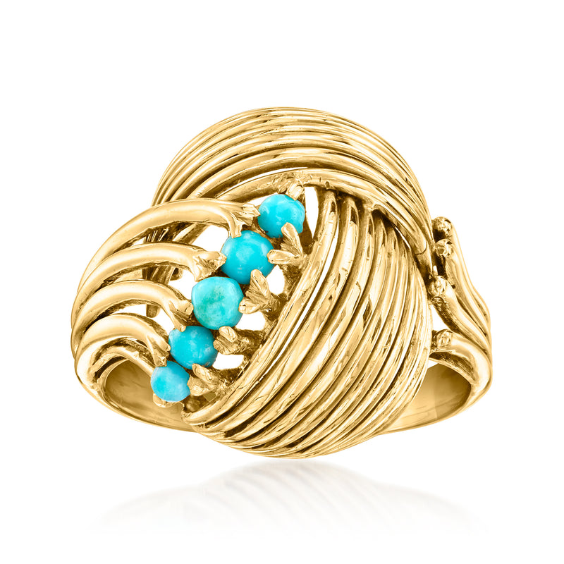 18kt yellow gold knot ring with braided wire swirl and turquoise cabochon stones