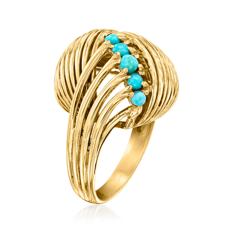 18kt yellow gold knot ring with braided swirl design and turquoise cabochons