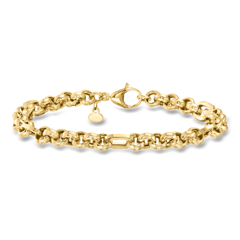 Yellow gold rolo-link bracelet with lobster clasp and small heart charm
