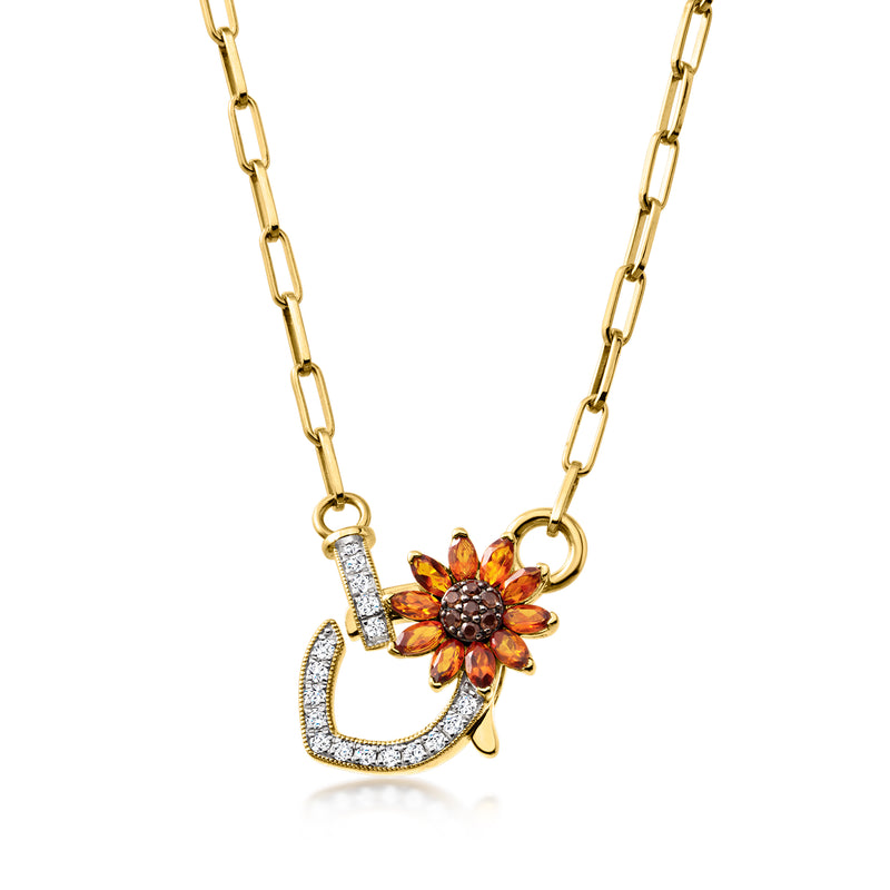 Gold-tone sunflower necklace with orange flower pendant and diamond-like sparkle accents