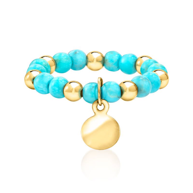 Turquoise bead stretch ring with 10kt yellow-gold discs and round disc charm