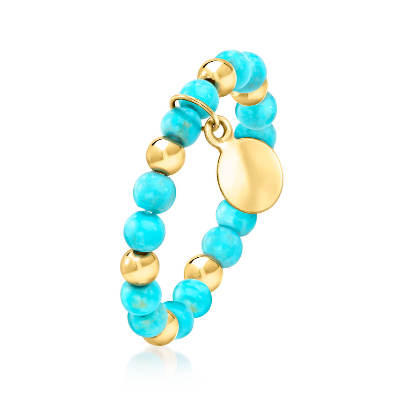 Turquoise bead stretch ring with 10kt yellow-gold beads and hanging round disc charm
