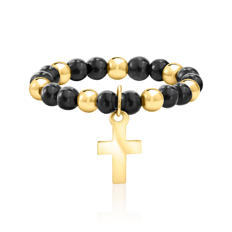 Black onyx bead stretch ring with 10kt yellow gold cross charm