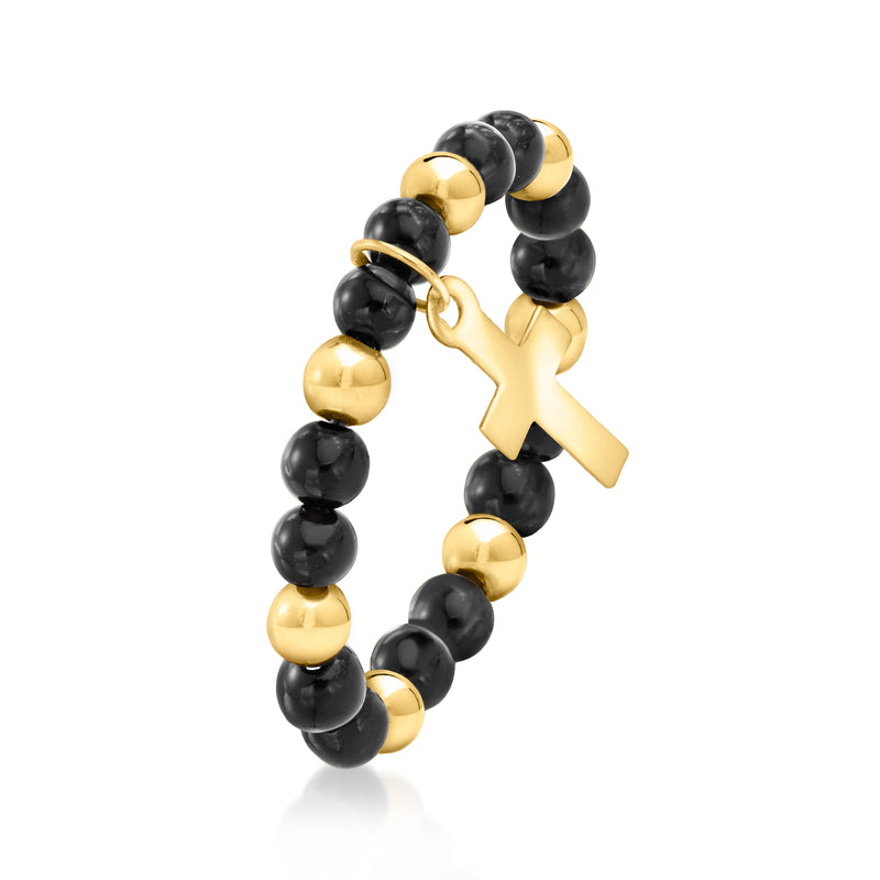 Black onyx bead stretch ring with 10kt yellow gold cross charm, side view
