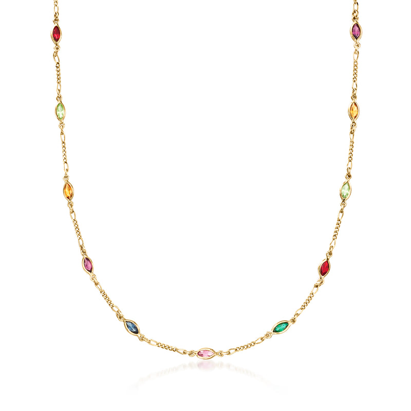 Vintage 14kt yellow gold station necklace with multi-color simulated gemstones