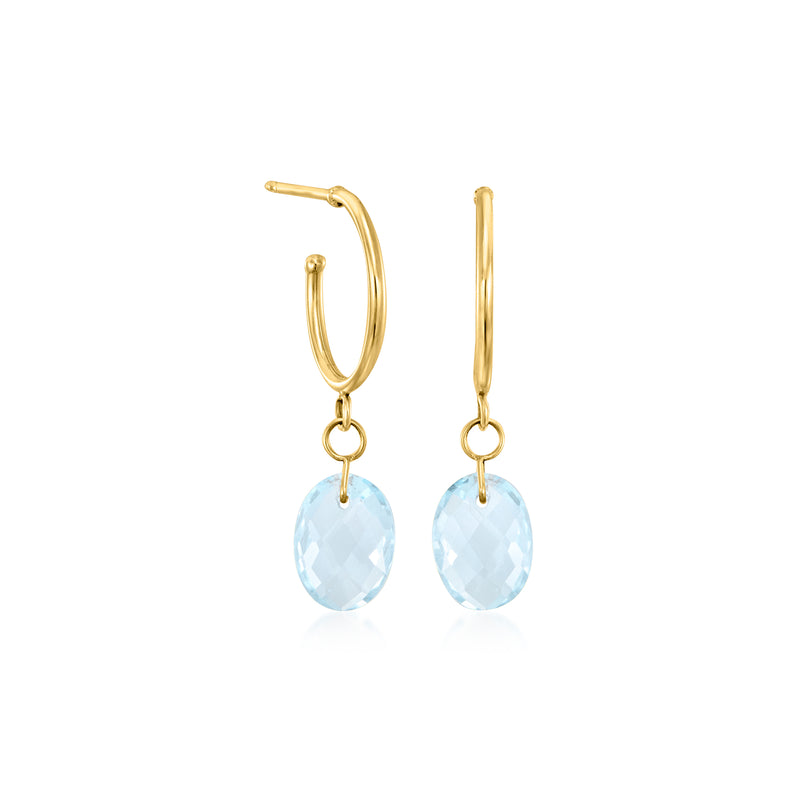 Yellow gold hoop drop earrings with oval light blue gemstone dangles