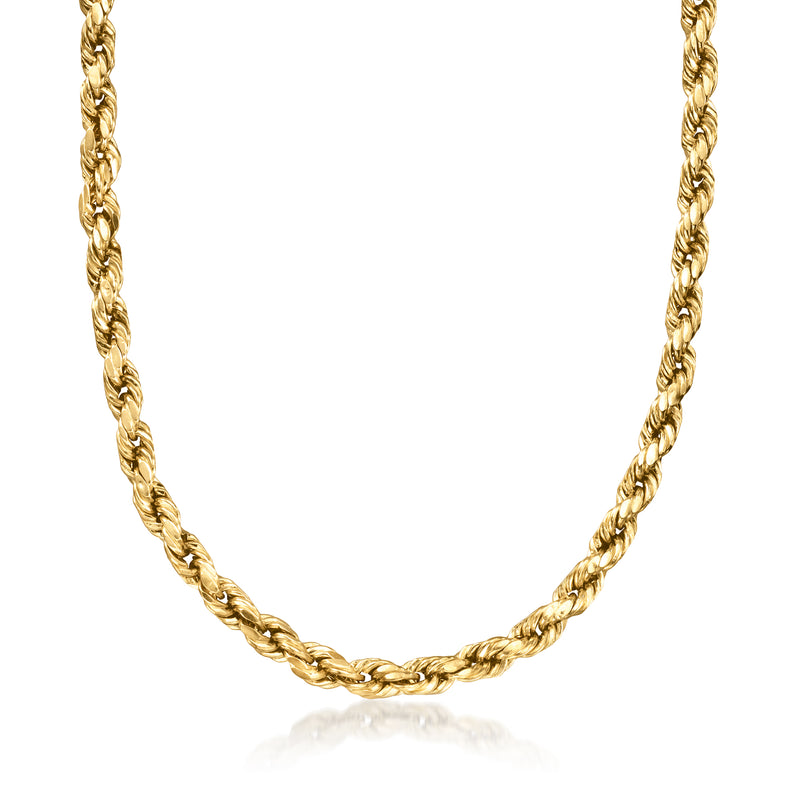 Yellow gold rope-chain necklace close-up, twisted braided links