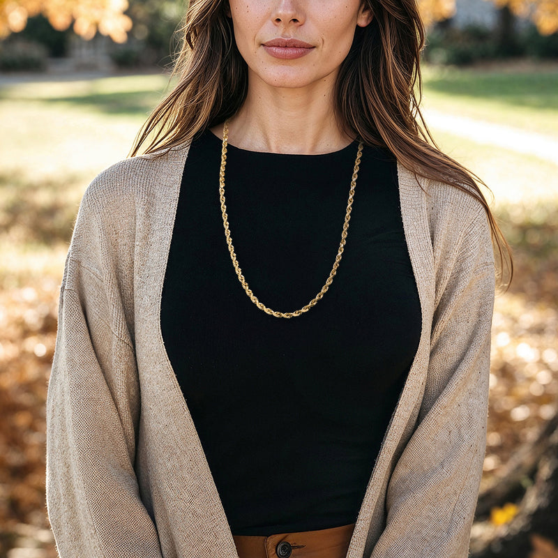 Yellow gold rope-chain necklace worn without a pendant.