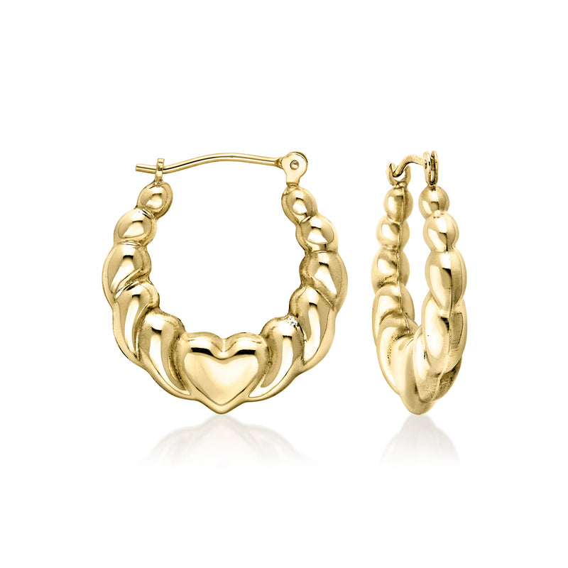 Vintage 14kt yellow gold heart hoop earrings with textured link design