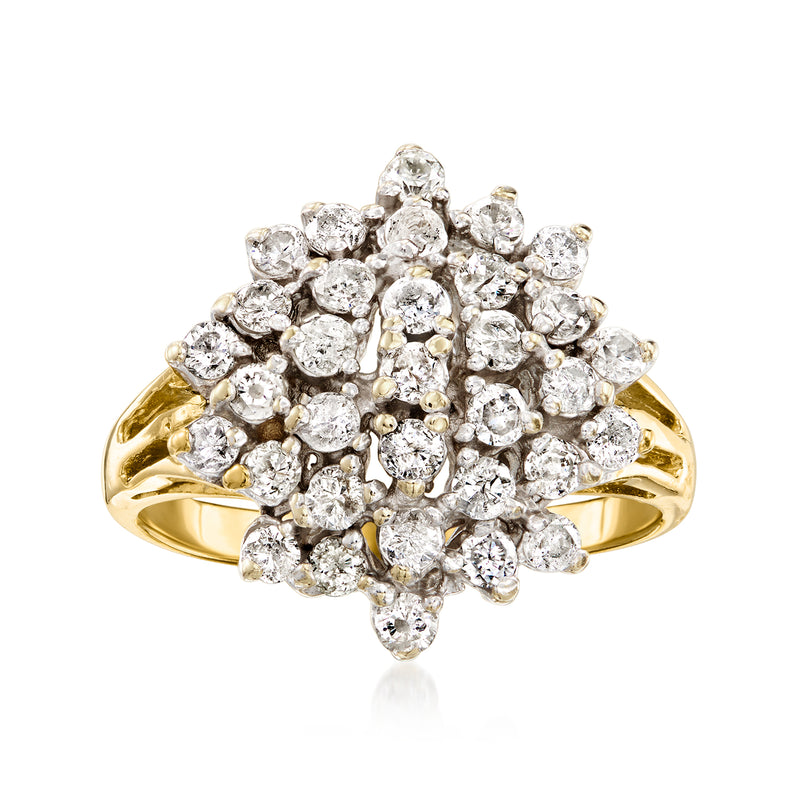 14kt yellow gold diamond cluster ring with round and oval prong-set stones