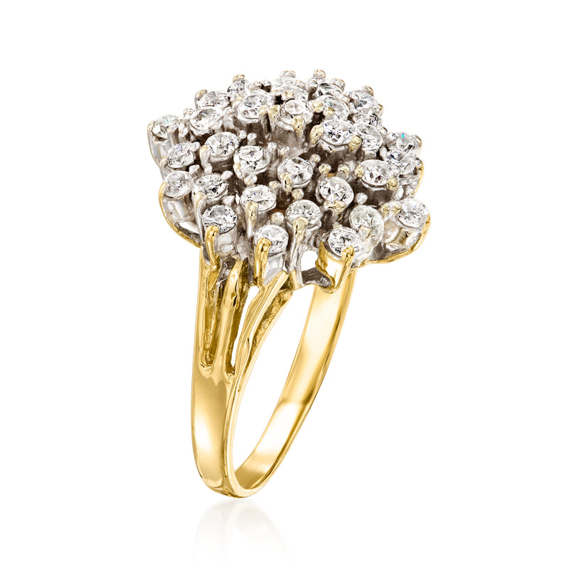 Yellow gold diamond cluster ring, side view with prong-set sparkling stones