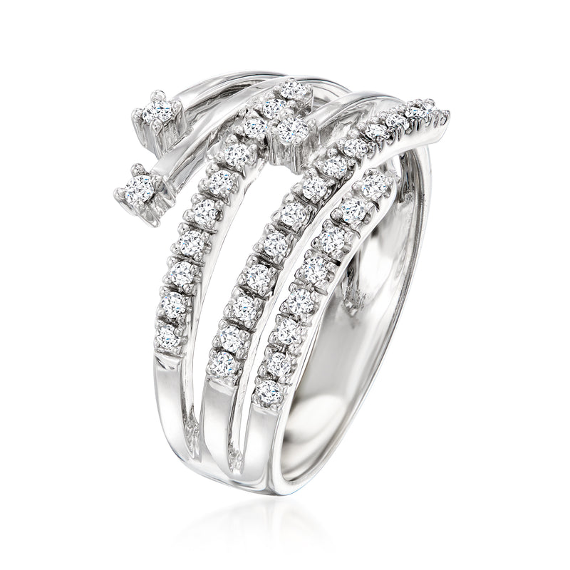 White gold diamond multi-row bypass ring with overlapping band design and prong-set stones