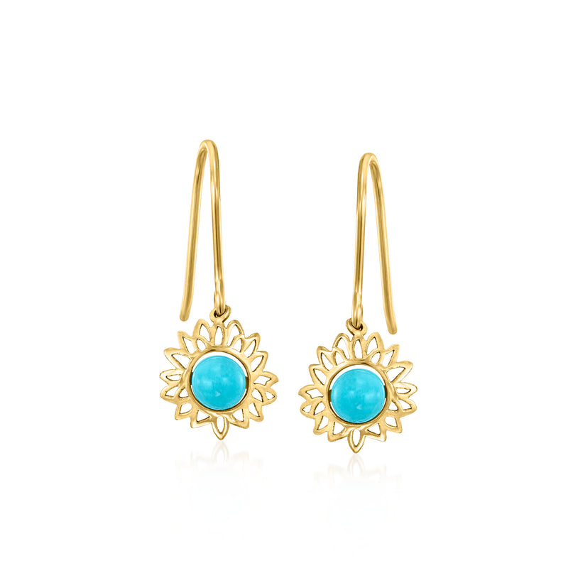 Turquoise sunflower drop earrings in 10kt yellow gold with blue stone center