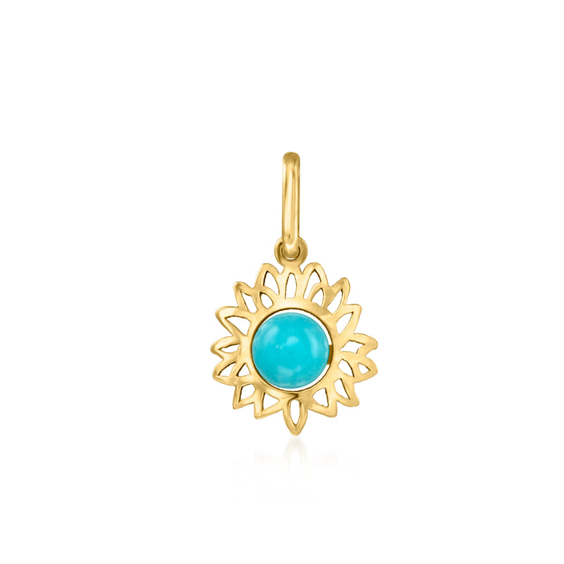 10kt yellow gold sunflower pendant with turquoise center stone, single bail