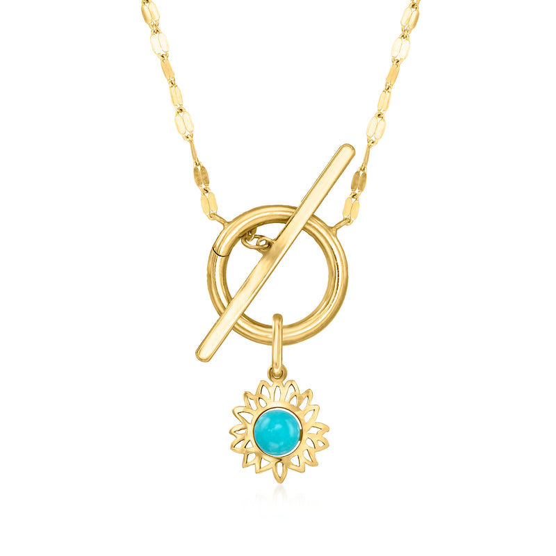 10kt yellow gold toggle necklace with sunflower charm and turquoise round stone