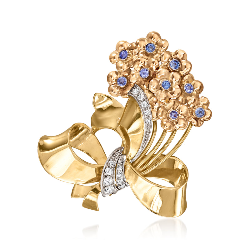 Vintage flower bouquet pin in tri-colored gold with blue sapphires and diamond accents