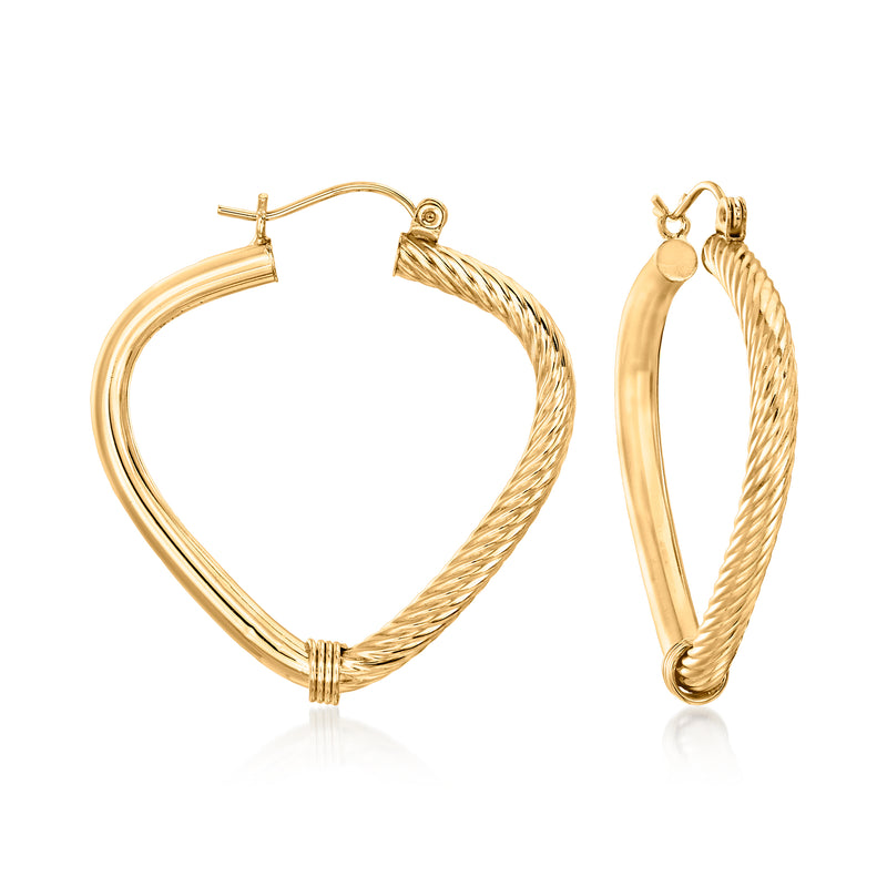 14kt yellow gold fancy hoop earrings with twisted rope texture and hinge clasp
