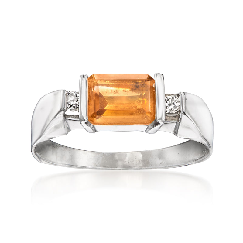 Vintage white gold ring with square citrine gemstone and small diamond accents