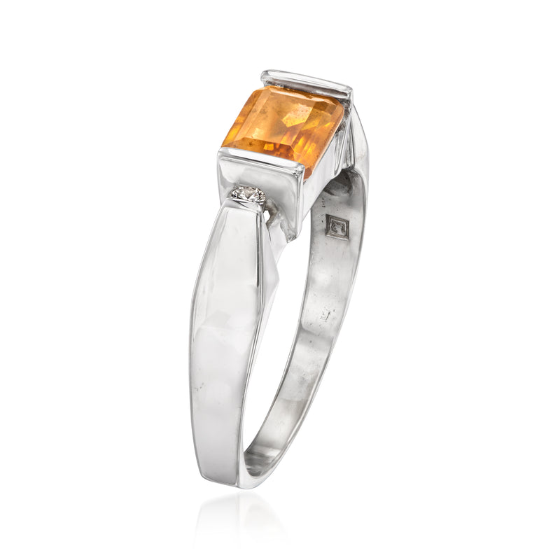 White gold ring side view with prong-set square citrine centerpiece and diamond detail