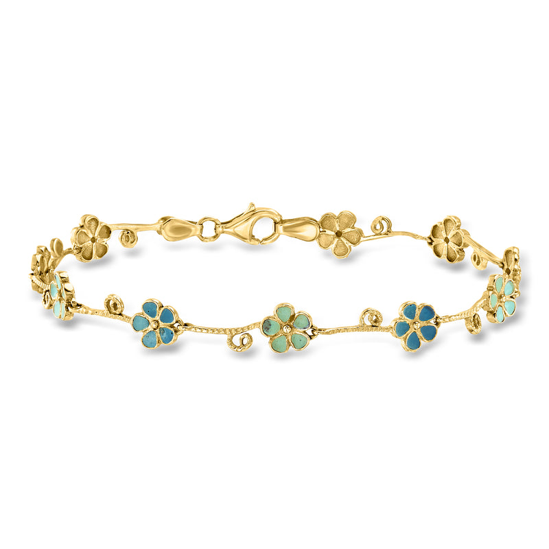 14kt yellow gold flower enamel station bracelet with blue blossoms