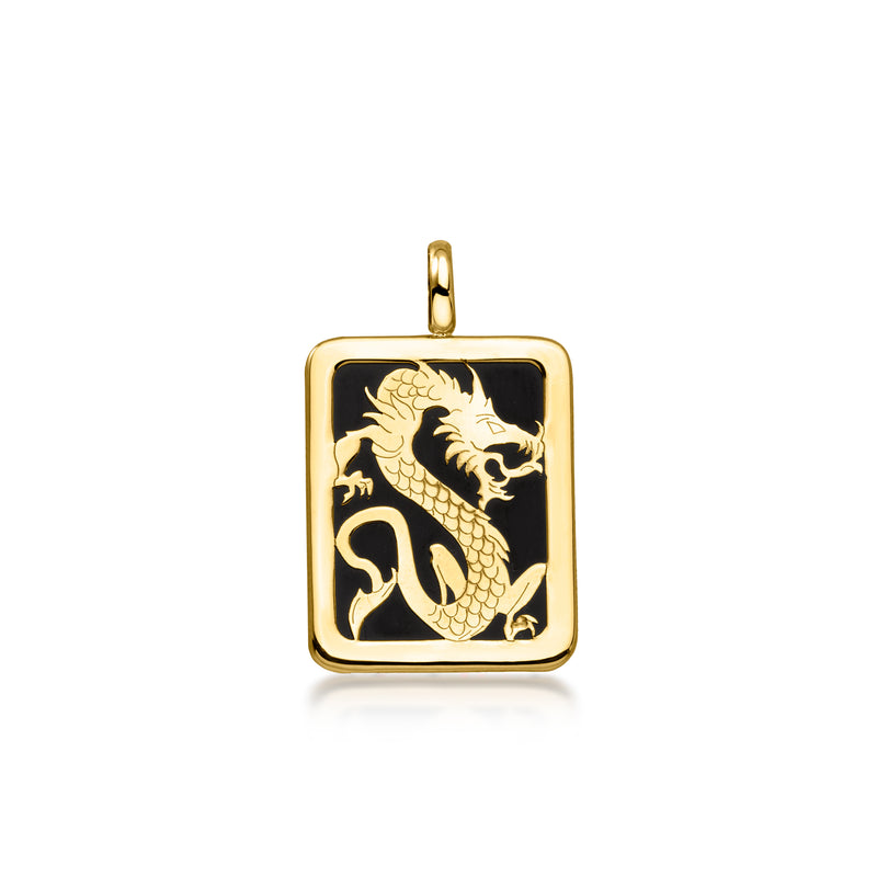 10kt yellow gold square dragon charm with black enamel background and top loop