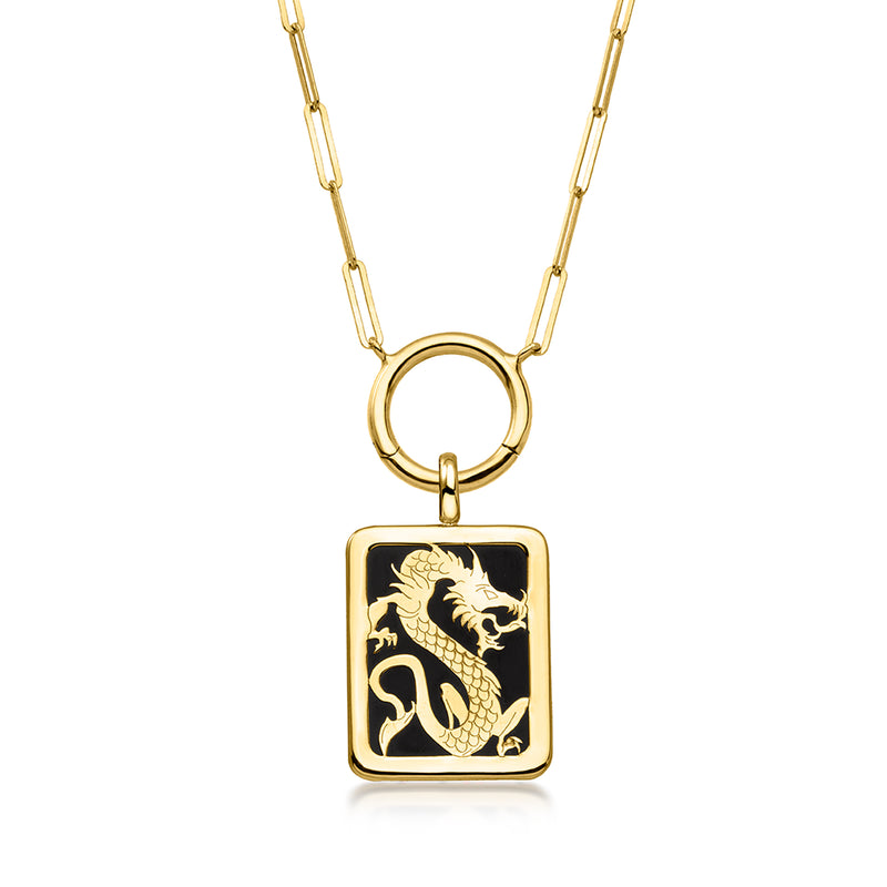 Square dragon charm pendant in 10kt yellow gold with black enamel and open circular bail