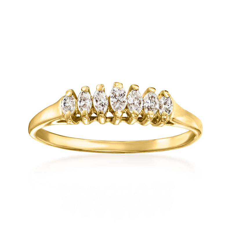 14kt yellow gold ring with marquise diamond cluster along the band