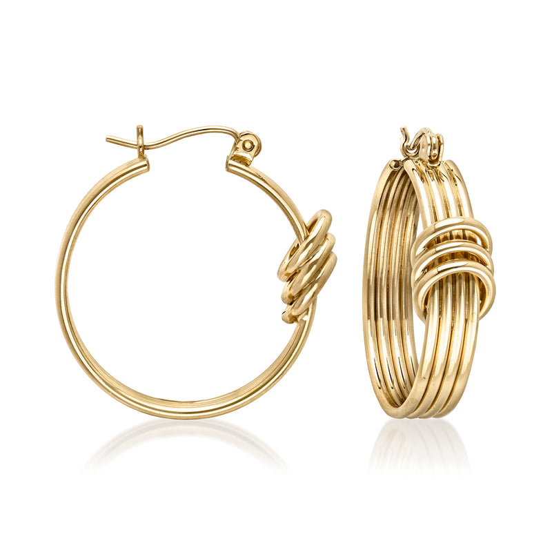 Yellow gold ridged hoop earrings with hinged clasp, vintage 14k look