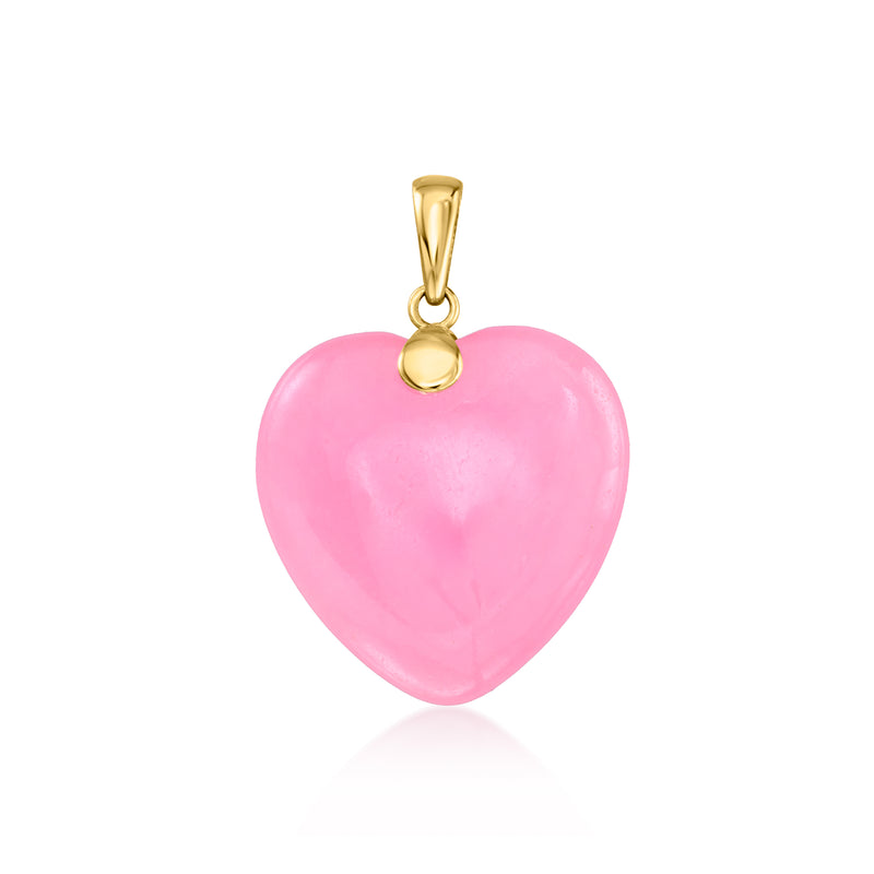Pink jade heart pendant in 10kt yellow gold, glossy pink heart with gold bail.