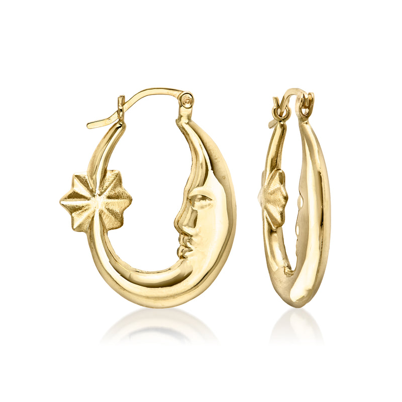 14kt yellow gold hoop earrings with moon and star charm