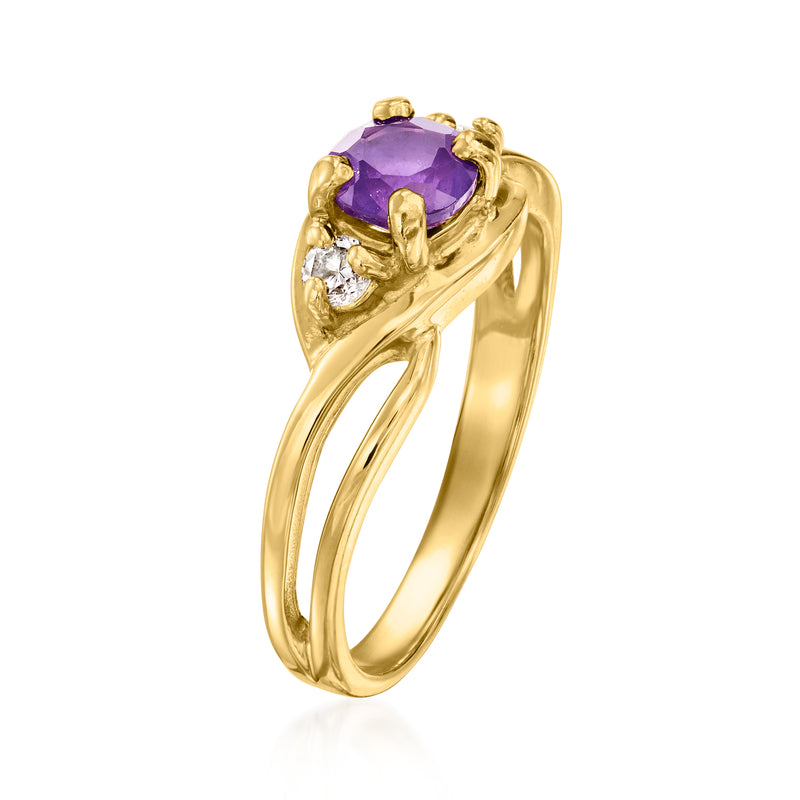 Amethyst and diamond ring, purple oval center prong-set in 14kt yellow gold
