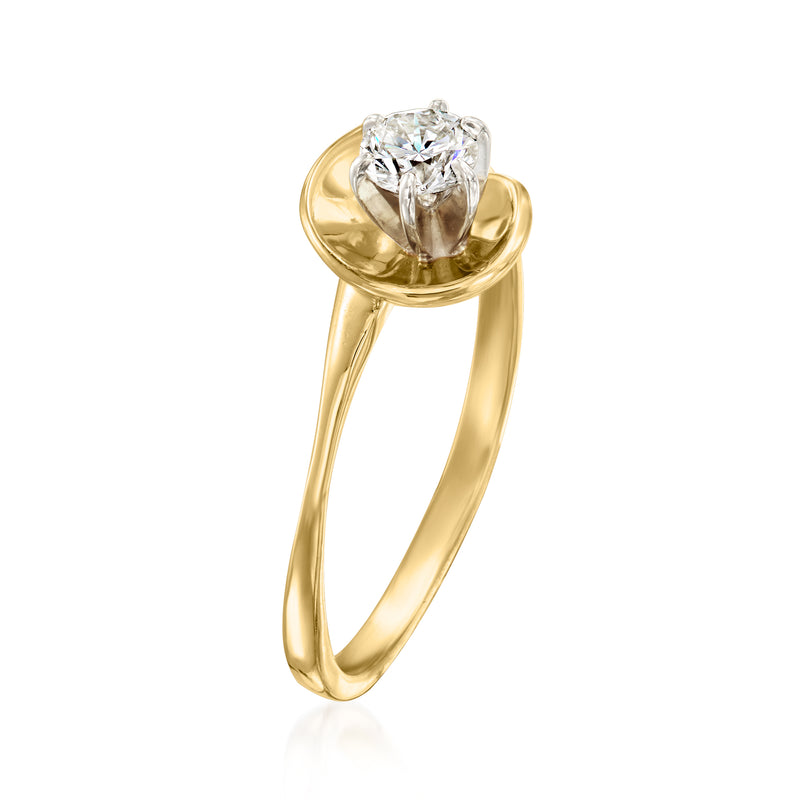 Vintage 10kt yellow gold swirl ring with raised round diamond center