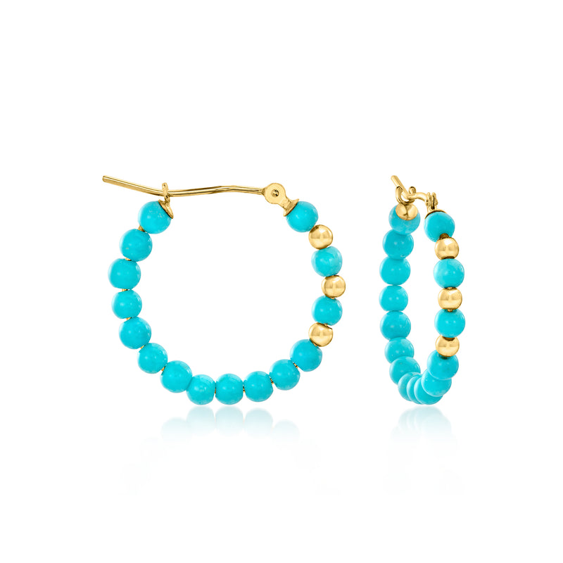 Turquoise bead hoop earrings with 10kt yellow gold rings and clasp