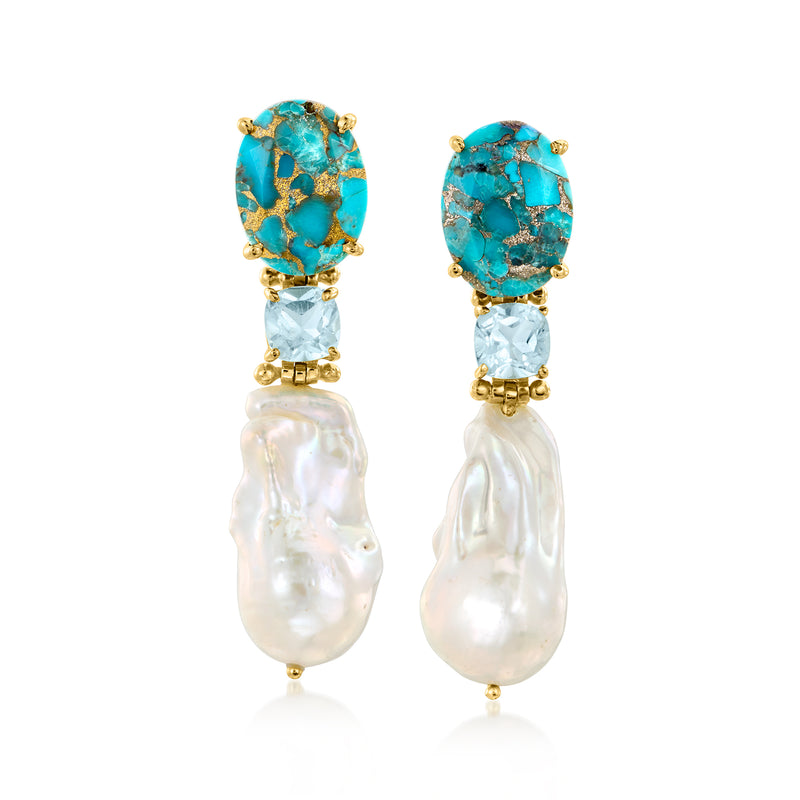 Gold-tone drop earrings with turquoise oval tops, sky-blue stones, and white baroque pearls