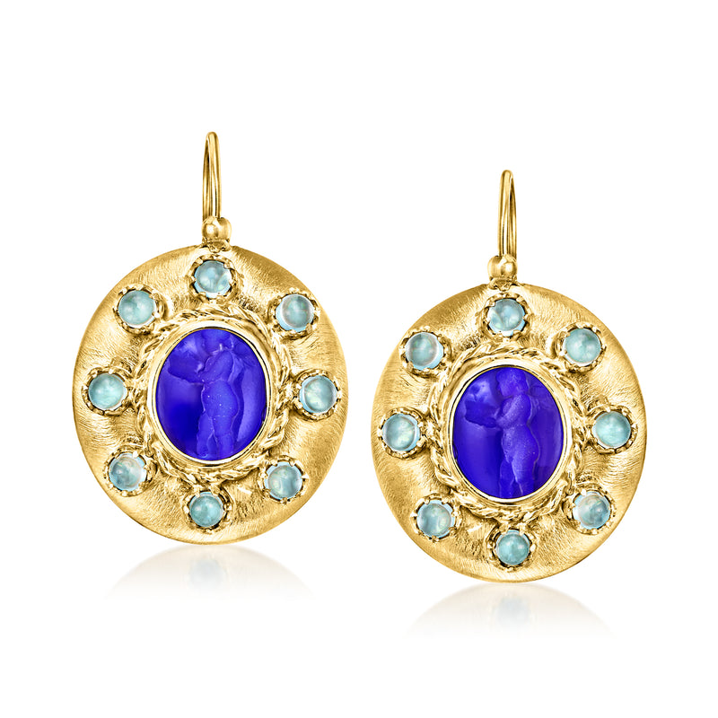 Gold-tone round drop earrings with oval blue glass center and light blue bezel stones