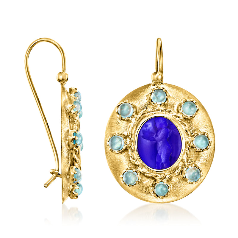 Gold-tone oval drop earrings on earwire, with blue glass center and light blue stones