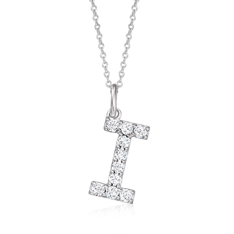 Sterling silver initial pendant necklace with diamond-studded letter I