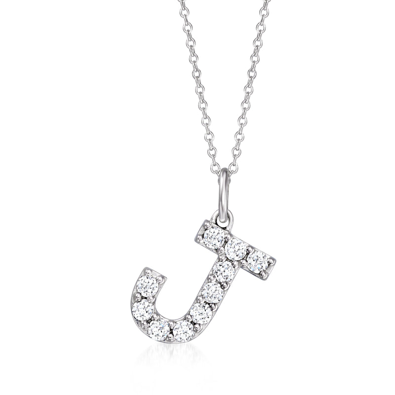 Sterling silver initial pendant necklace with diamond-studded letter J