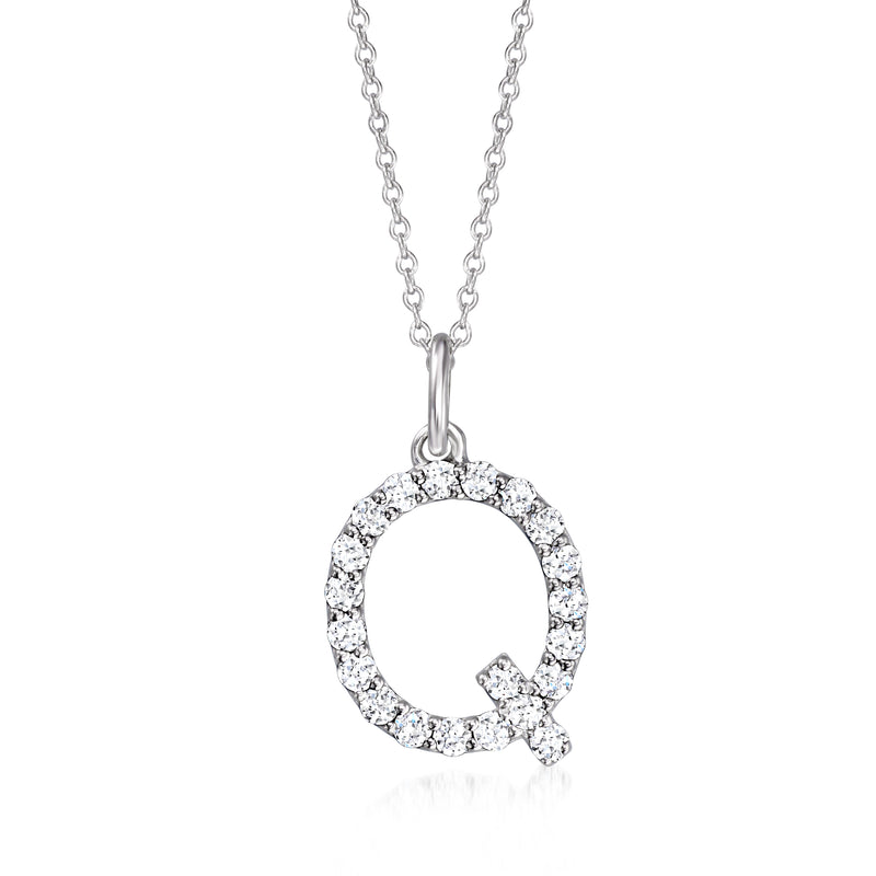 Sterling silver initial pendant necklace with diamond-studded letter Q