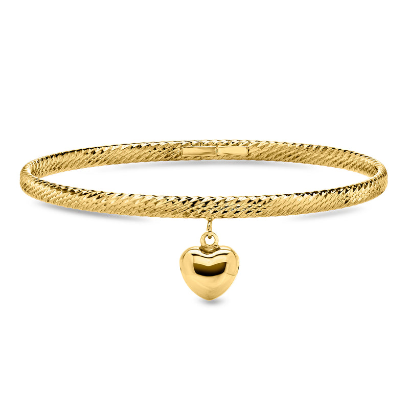 Gold heart charm bangle bracelet with textured cuff