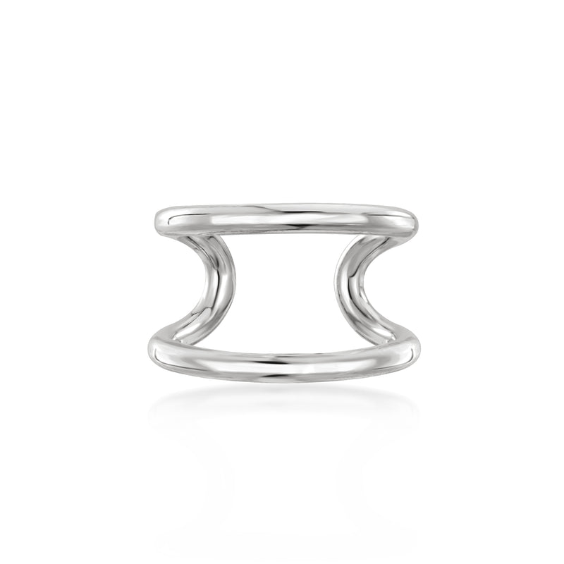 Sterling silver ear cuff with open center and smooth wave-shaped band, single piece