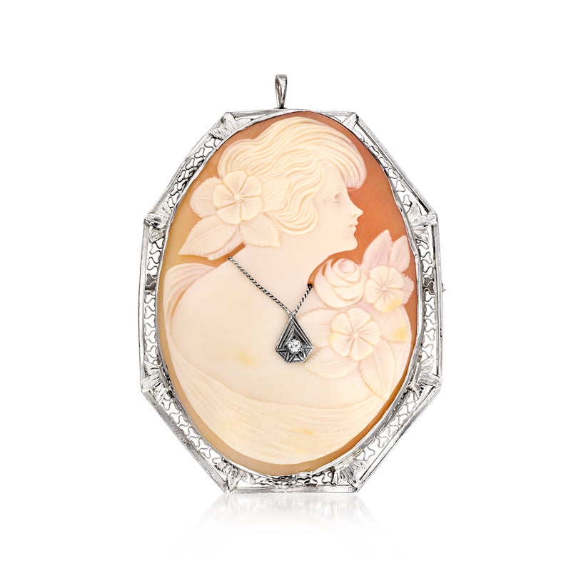 Vintage orange shell cameo pendant in 14kt white gold with diamond, oval frame