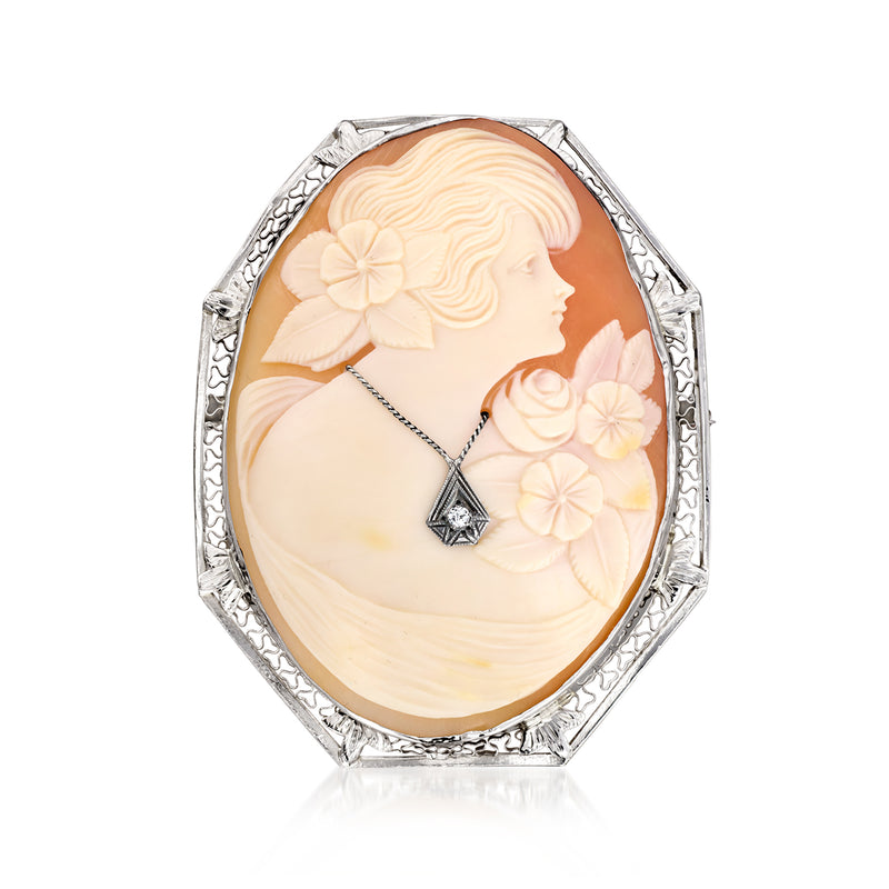 Vintage oval orange shell cameo pendant, 14kt white gold with diamond accent