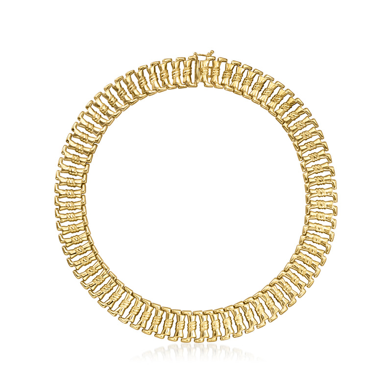 14kt yellow gold collar necklace with rectangular link chain, open collar design