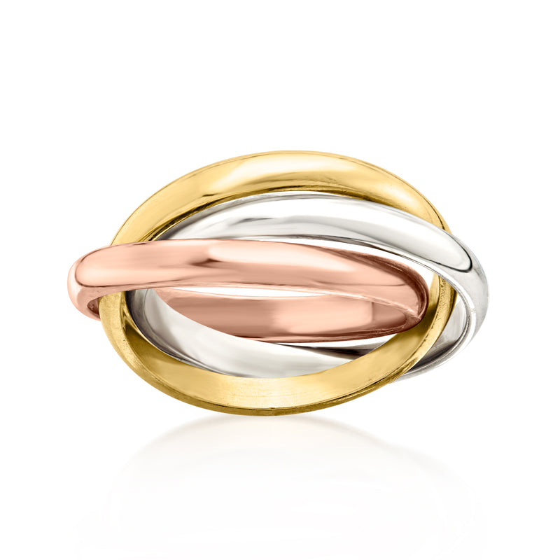 Tri-colored rolling gold ring with overlapping yellow, rose, and silver bands